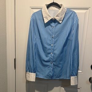 SHEIN Blue and White Striped Button-Up Shirt with Contrast Collar